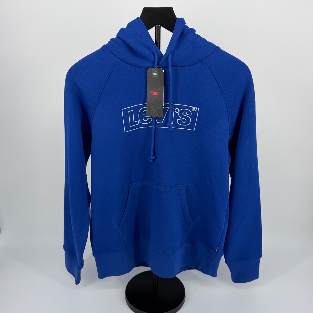 Levi's Graphic Hoodie Women XS Blue New Brushed Fleece Pullover Raglan Sleeve